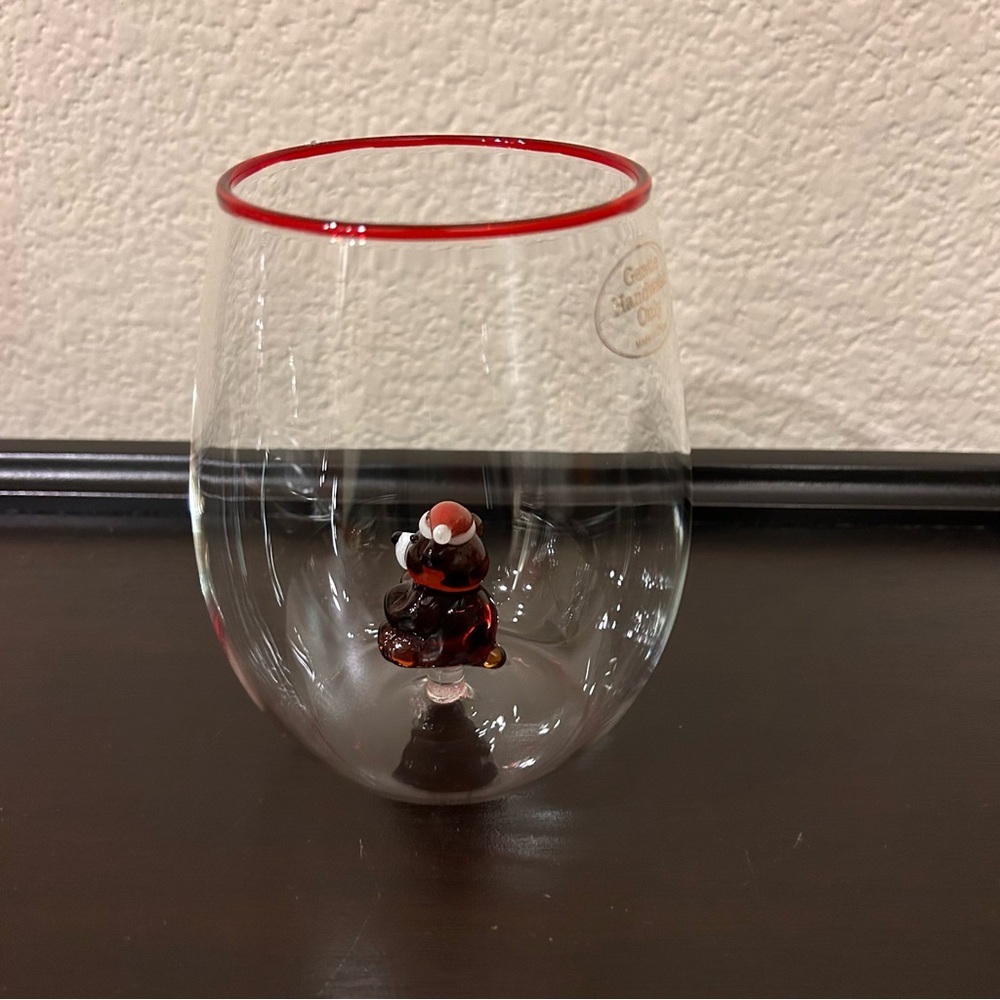 Anthropologie Jolly Icon Stemless Wine Glass Teddy Bear Santa Hat NEW - Picture 5 of 11
